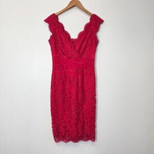 Tadashi Shoji Red Lace V Neck Sheath Dress Size 6 Cocktail Formal